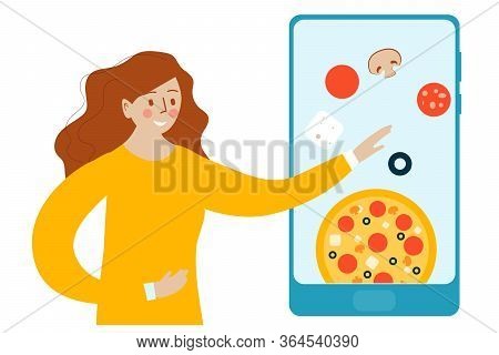 Girl Chooses Pizza Ingredients. Secure Online Food Order And Package Delivery Service Food Shipping.