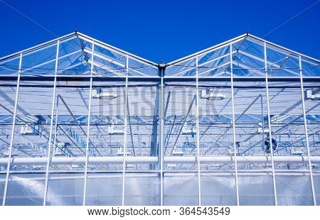 Modern Glass Greenhouses Against The Blue Sky.