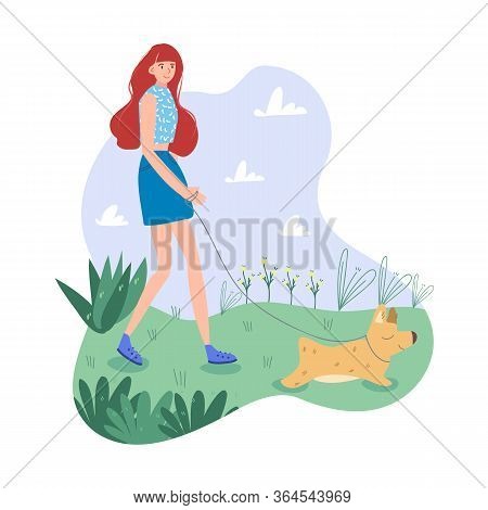 Reddish Girl In Blue Clothes Walks Outside With Her Sweet Dog. Light And Gentle Color Gamma. Complet