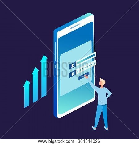 Registration Form Or Login User Interface. A Man Stands In Front Of Inputted Secured Data. A Big Mob