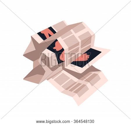 Crumpled Newspaper Pages Isolated On White Background. Creased Magazine Sheets With Images. Wrinkled