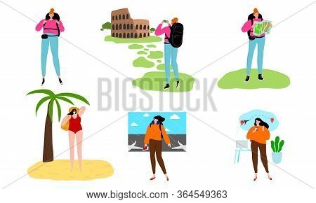Set Of People Enjoying Travelling And Exploring World Vector Illustration