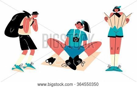 Set Of Young People Enjoying Travelling Around World Vector Illustration