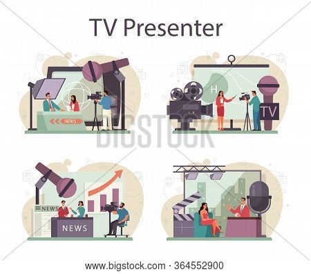Tv Presenter Concept Set. Television Host In Studio. Broadcaster Speaking