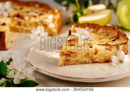 Apple Pie Sliced Piece With Crispy Crust Snack Close-up Photo. Homemade Fresh Bakery Cake Food Ornam