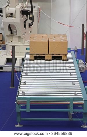 Palletizer For Boxes At Conveyor Rollers Cargo Delivery