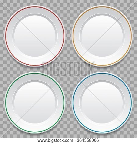 Vector Set Of Empty White Dinner Plates Isolated On Transparent Background. Top View Plate Backgroun