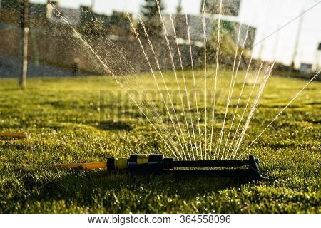 Lawn Sprinkler Spraying Water Over Green Grass. Modern Device Of Irrigation Garden Grass. Irrigation