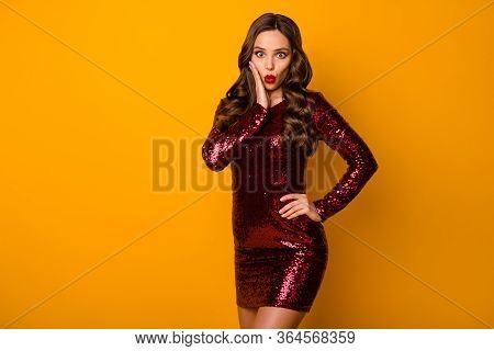 Portrait Of Astonished Naive Charming Girl Look Good Speechless Voiceless Rumor Secret Gossip Impres