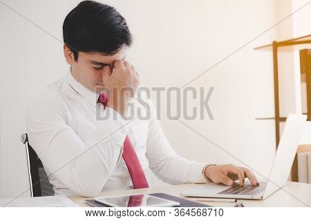 Businessman Get Stressed From Work. He Feeling Sick, Tired Of Overworked. Exhausted Mature Guy Massa