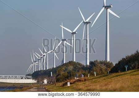 Wind turbines near Rotterdam in the port area near Rozenburg