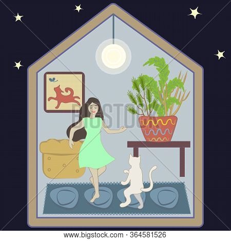 Stay Home Concept. Hand Drown Cute House Inside, The Light Is On In The House At Night. Girl Dancing