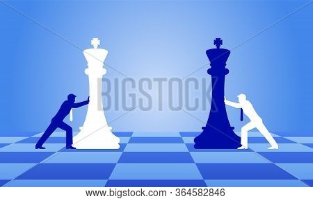 Businessmen Moving Chess Pieces On Chess Board. Man In Suits With Chess. Concept Of Business Or Poli