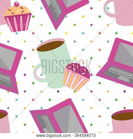 Vector Graphic Laptop Seamless Pattern Background. Multicolor Polka Dot Backdrop With Coffee Mug And