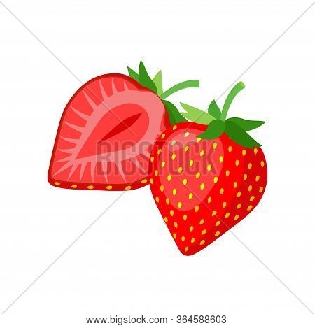 Ripe Delicious Strawberry Fruits, Whole And Cut Section Isolated On White Background. Vector Detaile