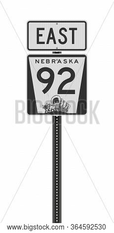 Vector Illustration Of The Nebraska State Highway 92 And East Road Signs On Metallic Post