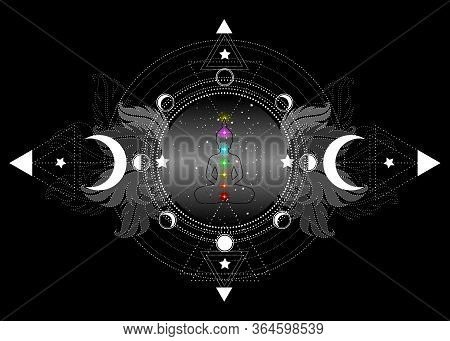 Chakras Concept. Inner Love, Light And Peace. Buddha Silhouette In Lotus Position Over Ornate Mandal