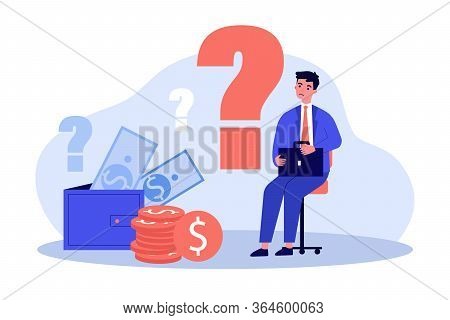 Sad Man Concerned About Financial Problem, Money Need And Unpaid Loan Debts. Male Character, Questio
