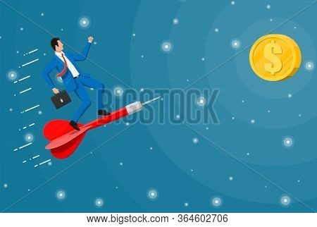 Successful Business Man Flying On Dart On Graph Going Up To Target. Businessman With Briefcase And G