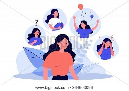Woman Suffering From Mood Changes. Female Character Feeling Various Emotions, Celebrating, Crying, G