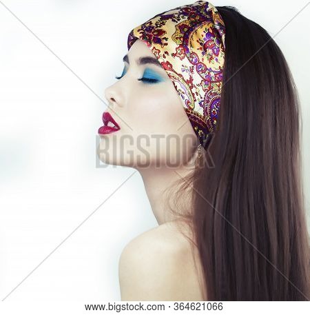 Young Pretty Modern Girl With Bright Shawl On Head Emotional Posing Isolated On White Background, As
