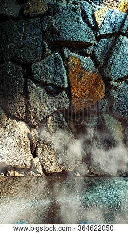 Empty Room And Concrete Floor Background.vertical Size.3d Illustration.smoke Or Fog And Spotlight In