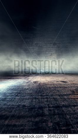 Empty Room And Concrete Floor Background.vertical Size.3d Illustration.smoke Or Fog And Spotlight In