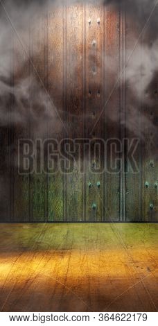 Empty Room And Concrete Floor Background.vertical Size.3d Illustration.smoke Or Fog And Spotlight In