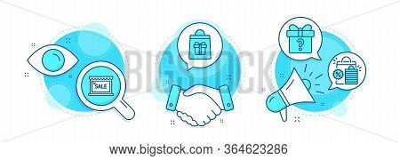 Sale, Shopping Bags And Secret Gift Line Icons Set. Handshake Deal, Research And Promotion Complex I