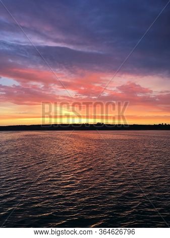 Colorful Moody Impressional Sunset At Lake In Poland, Zalew Sulejowski In Smardzewice