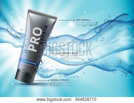 Facewash Advertising Concept Design With Water Splash Flowing In Background