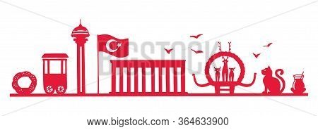 Silhouette Of Ankara, Turkey. The Most Famous Turkish Landmarks In A Row. Modern Horizontal Banner D