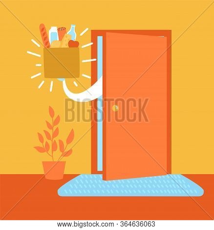 Vector Illustration Safe Grocery Delivery. Apartment Entrance And The Food Bag In The Doorway. Drop 