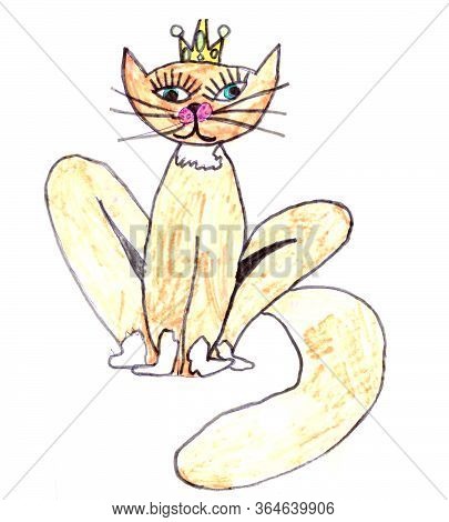Childs Drawing Ginger Cat Princess On A White Background