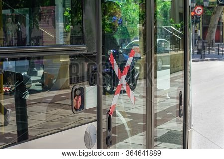 Thessaloniki, Greece - May 4 2020: Public Bus With Covid-19 Precautions No Entrance Sign. Oasth Publ