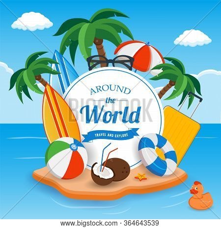 Summer Holidays Composition With Sand Beach, Palms And Travel Stuff. Trave And Tourism Concept. Vect