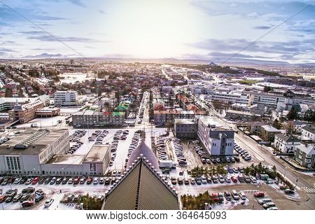 Reykjavic , Iceland- Feb 20, 2020:  Panoramic view of Reykjavik city and Atlantic ocean coast from the top of Hallgrimskirkja church. Reykjavik is the capital and largest city of Iceland.