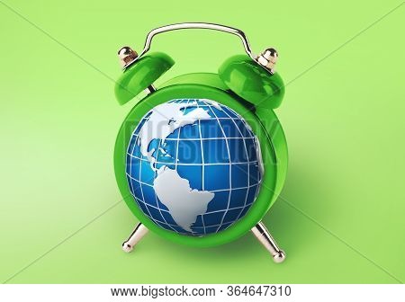 World Time Concept. Alarm Clock With Planet Earth In Place Of Hourplate On Green Background, Creativ