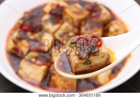 Close Up Of Chinese Cuisine Mapo Doufu With Spoon