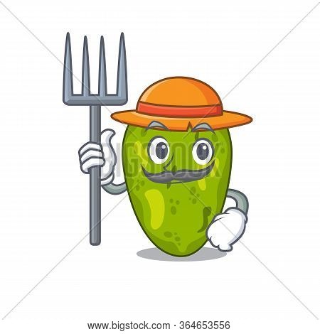 Cartoon Character Design Of Cyanobacteria As A Farmer With Hat And Pitchfork