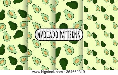 Set Of Avocado Doodles Vector Seamless Patterns. Whole Avocado And Cut Half Vegetable On Green Backg