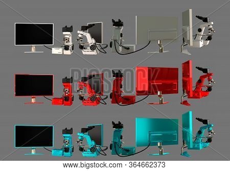 High Resolution Professional Microscope, Screen, Cpu Block Isolated - Realistic Medical 3d Illustrat