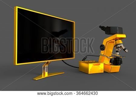 Gold Electronic Microscope, System Block And Blank Display Isolated, Realistic Medical 3d Illustrati