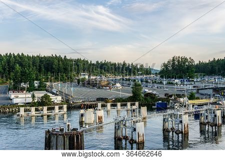 Swartz Bay, Canada - July 14, 2019: Top View Ferry Terminal Major Transportation Facility British Co