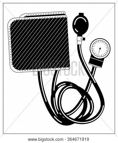 Vector Illustration With Outlines Of Medical Tonometer For Measuring Blood Pressure. Drawing For Web