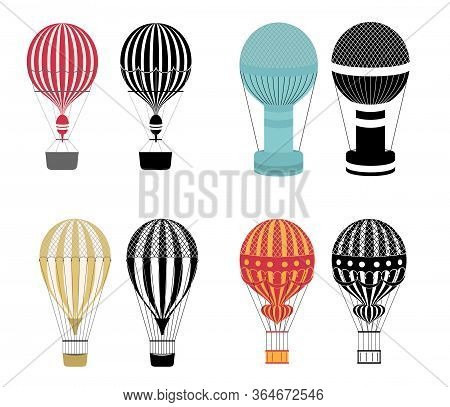 Hot Air Balloons. Colorful And Black And White Aerostat Isolated On White Background. Aerostat Fligh