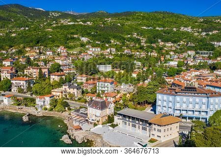 Croatia, Beautiful Town Of Lovran And Lungomare Sea Walkway, Aerial Panoramic View In Kvarner Bay Co