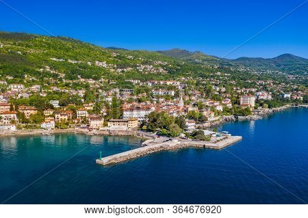 Croatia, Beautiful Town Of Lovran And Lungomare Sea Walkway, Aerial Panoramic View In Kvarner Bay Co