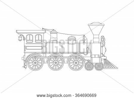 Contour Vintage Steam Locomotive In Retro Style. Coloring Page. Vector Illustration