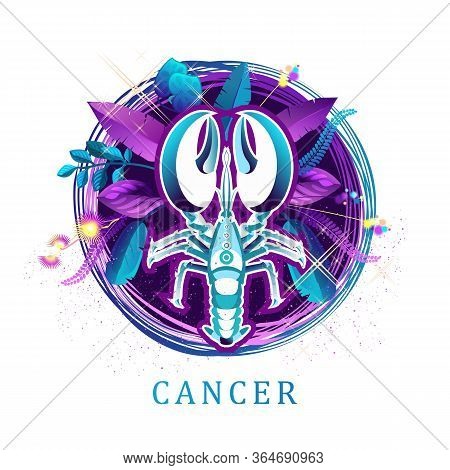 Vector Illustration Of Magic Horoscope Sign Cancer Style Of The 60s, Bright Hippie Art Isolated On W